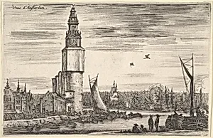 View of Amsterdam (Vue d'Amsterdam), a tower and houses to left, men standing on the pier to right, many ships in the port in the background, from 'Views of seaports' (Vues de ports de mar) by Stefano della Bella