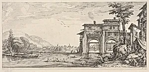View of bathers and a large building at the right, from the series 'Italian landscapes' (Diverse vedute designate in Fiorenza / Paysages italiens) by Jacques Callot|Israël Henriet