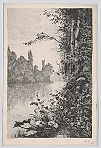View of Flowers and Trees along a River Bank