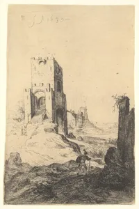 View of Ponte Mammolo, a bridge in the background, a tower with ramp in the middle ground, a man with a walking stick in the foreground, from the series 'The Ruins of Rome'