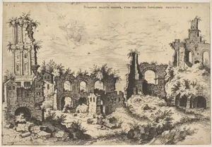 View of ruins on the Palatine Hill with trabeated facade at left and arcades at center, from the series 'The Ruins of Rome' (Praecipua aliquot Romanae antiquitatis ruinarum monimenta, vivis prospectibus)