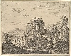 View of ruins showing the corner of a building with two arched windows, in a landscape with a stream in the foreground, from a series of four plates showing ruins of a single building by Karel Dujardin