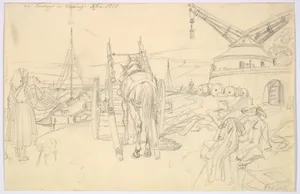 View of the Alter Kranen in Würzburg; verso: Study of Three Soldiers and Two More Figures