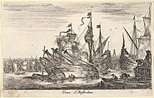 View of the Amsterdam seaport (Veue d'Amsterdam), men in rowboats work on a ship in center, other men stand on a dock to right, from 'Views of seaports' (Vues de ports de mar) by Stefano della Bella