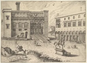 View of the Campidoglio on the Capitoline Hill, with equestrian statue at lower right, from the series 'The Small book of Roman ruins and buildings' (Operum antiquorum romanorum)