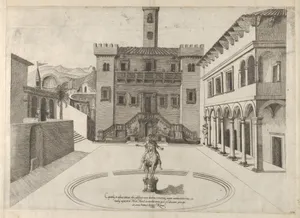 View of the Capitoline Hill during Michelangelo's restoration, the equestrian monument of Marcus Aurelius in the centre from the 'Speculum Romanae Magnificentiae:'