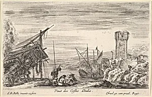 View of the coast of Italy (Veue des Costes d'Italie), the bow of a ship resting to left, a group of men playing cards in center, a tower in ruins to right in the background, from 'Views of seaports' (Vues de ports de mar) by Stefano della Bella|Israël Henriet