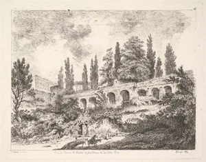 View of the entrance to Tivoli and the walls of the Villa d'Este, horsemen approaching the entrance at bottom center, arched entrance in the middleground, cyrus trees and other plants surrounding
