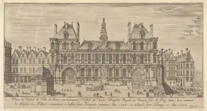View of the facade of the Hôtel de Ville, Paris, in the foreground a cross on a stepped platform and a freestanding domed building