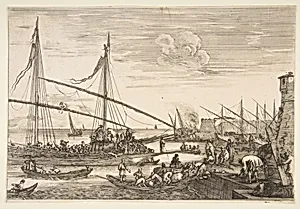 View of the fortifications, two men lifting a plank at right, several ships and boats the background and a galley at left, from 'Views of the port of Livorno' (Vues du port de Livourne) by Stefano della Bella