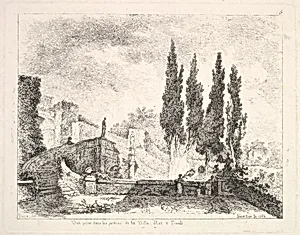 View of the gardens at the Villa d'Este in Tivoli, cyprus trees to right, a staircase leading to the villa at left, two statues at center of the staircase, three figures in the garden at right by Jean Honoré Fragonard|Jean Claude Richard, Abbé de Saint-Non