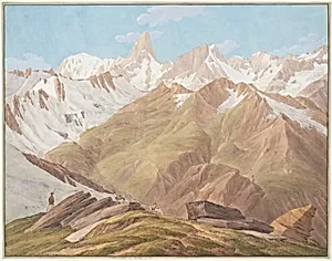 View of the Massif of Mont Blanc near the "Petit Jorasse, Grand Jorasse, le Géant" with the "Glaciers des Périades et Jorasse" and the "Glacier de la Venval" as seen from the "Col de Fenêtre près du Gd. St. Bernard" by Jean-Antoine Linck