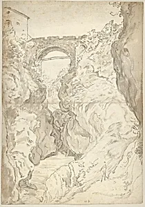 View of the Ponte San Rocco at Tivoli; verso: Buildings on the River Aniene near Tivoli (?) by Karel Dujardin|Guilliam du Gardijn