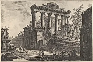 View of the so-called Temple of Concord with the Temple of Saturn, on the right the Arch of Septimius Severus by Giovanni Battista Piranesi
