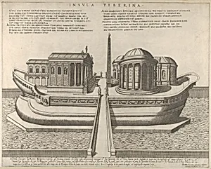 View of the Tiber Island represented as a ship, the Temple of Aesculapius at left by Giovanni Ambrogio Brambilla|Claudio Duchetti