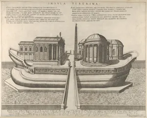 View of the Tiber Island represented as a ship, the Temple of Aesculapius at left