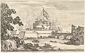 View of the Tiber river, a large tree to left, two groups of women to left in the foreground, a bridge leading to the Castello Sant'Angelo to left, above which a large flag is hoisted, clouds of gunsmoke to right and left of the castle by Stefano della Bella