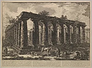 View showing the remains of a large enclosure of columns..., from Différentes vues de quelques Restes de trois grands Edifices qui subsistent encore dans le milieu de l'ancienne Ville de Pesto autrement Posidonia qui est située dans la Lucanie (Different views of some of the remains of three great edifces that still exist at teh center of the ancient city of Pesto, or Posidonia [Paestum], which is siutated in Lucania) by Giovanni Battista Piranesi