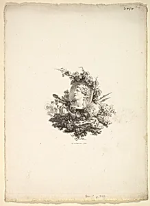 Vignette with the Head of Bacchus on a Cornelian, Tome I, Page 242, from Description des Principales Pierres gravées du Cabinet de S.A.S. Monseigneur le Duc d'Orléans Premier Prince du sang. A Paris chez M. l'abbé de la Chau au Palais-Royal M. l'abbé Le Blond au collége Mazarin Et chez Pissot, libraire, quai des Augustins by Augustin de Saint-Aubin|Pissot|L'Abbé La Chau|L'Abbé Le Blond