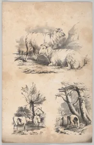 Vignette with two sheep, Vignette with two cows in a pool, and Vignette of a wood-gatherer, in: The New York Drawing Book, Containing a Series of Original Designs and Sketches of American Scenery, No. 2