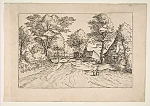 Village Road with a Farm and Sheds, from the series, The Small Landscapes (Multifariarum Casularum) by Johannes van Doetecum I|The Master of the Small Landscapes|Lucas van Doetecum|Pieter Bruegel the Elder