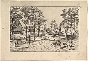 Village Street, cattle, sheep and herdsman in the foreground from Praediorum villarum et rusticarum casularum icones elenoantissimae ad vivum in apre deformatae by Johannes van Doetecum I|Lucas van Doetecum|Hieronymus Cock|The Master of the Small Landscapes|Pieter Bruegel the Elder|Cornelis Cort
