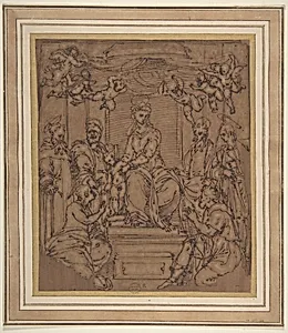 Virgin and Child Enthroned with Saint Anthony Abbot, Saint Peter, Saint Paul, Saint Julian the Hospitaler, Saint Roch, and Saint Mary Magdalen? by Perino del Vaga (Pietro Buonaccorsi)