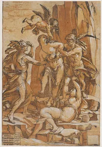 Virtue as a young woman in the centre of four figures representing love, error, ignorance and opinion