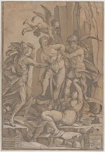Virtue as a young woman surrounded by four figures representing love, error, ignorance and opinion