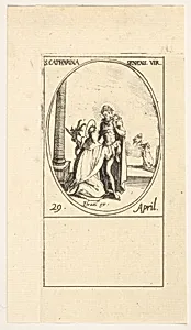 Vision of Saint Catherine, an oval composition, from the series 'Les images de tous les saints et saintes de l'année' (Images of all the saints of the year) by Jacques Callot|Israël Henriet