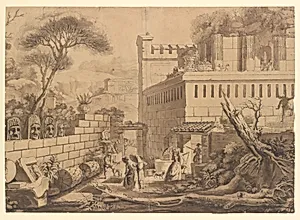 Visitors Inspecting Classical Ruins