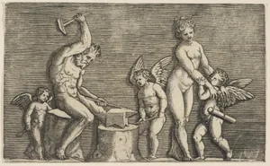 Vulcan seated hammering on an anvil flanked by Venus and three cupids