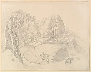 Wayfarers Near a Ruin in a Hilly Landscape