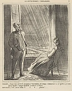 We are approaching mid-November when the weather starts getting nasty, from 'The countryside gentlemen,' published in Le Charivari, November 28, 1864 by Aaron Martinet|Destouches|Honoré Daumier