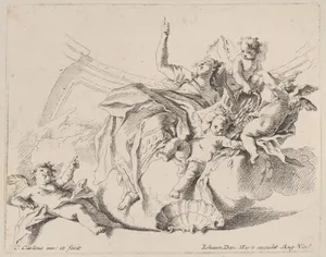Wealth, represented by a woman seated on clouds and surrounded by putti, one of whom is pouring coins