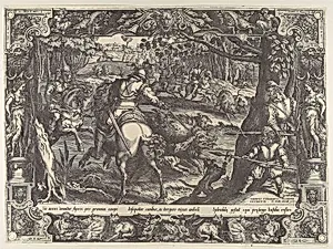 Wild Boar Hunt with Spears, from Hunting Scenes in Ornamental Frames by Harmen Jansz. Muller|Jan van der Straet, called Stradanus|Hieronymus Cock