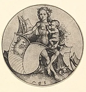 Wild Woman Holding a Shield with a Lion's Head by Martin Schongauer