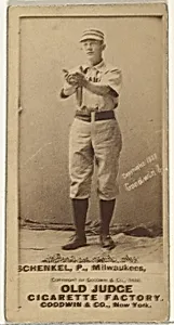 William Shenkel, Pitcher, Milwaukee, from the Old Judge series (N172) for Old Judge Cigarettes by Goodwin & Company