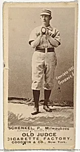 William Shenkel, Pitcher, Milwaukee, from the Old Judge series (N172) for Old Judge Cigarettes by Goodwin & Company