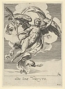Winged angel holding a palm in his right hand and with drapery behind him by Cherubino Alberti (Zaccaria Mattia)|Mariette