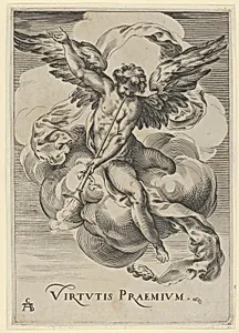 Winged genius seated on a cloud, sounding a trumpet with his left hand extended upwards by Cherubino Alberti (Zaccaria Mattia)|Polidoro da Caravaggio