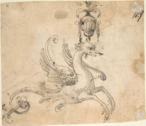 Winged Hippocamp supporting a Vase (recto); Figure Studies and Architectural Design (verso)