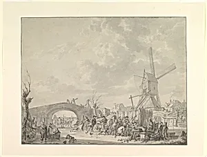 Winter Landscape with Skaters and Sledges on the Ice, a Bridge and a Mill behind by Abraham van Strij
