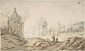 Winter Landscape with Two Peasants Walking by August Dahlsteen