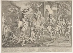 Witches' Sabbath, within a nocturnal landscape, a necromancer seated at top center wearing a robe and cap inscribed with Kabbalist symbols, below him to left a horse with the head of a beast, a ring of nude dancers to right, a robed with the head of a pig to left, various witches, sorcerers, strange animals, and monsters on the ground to left in the foreground, from 'The Sabbaths' (Les Sabbats)