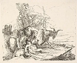 Woman and infant satyr in a landscape, the woman twisting to look over her left shoulder, a horned goat striding toward the background, from the series 'The Capricci' by Giovanni Battista Tiepolo