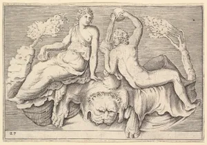 Woman and Man Seated on Lionskin, Man Pouring Wine, from "Ex Antiquis Cameorum et Gemmae Delineata/ Liber Secundus/et ab Enea Vico Parmen Incis"