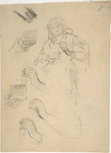 Woman holding an open jewelry box (recto); Studies for a figure composition and a leaded window (verso)