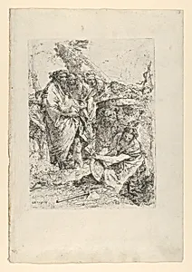 Woman kneeling in front of magicians and other figures, from the Scherzi by Giovanni Battista Tiepolo