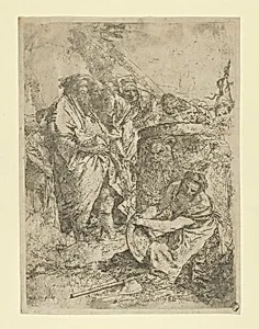 Woman kneeling in front of Magicians and other Figures, from the Scherzi by Giovanni Battista Tiepolo